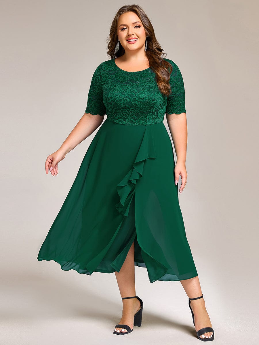 Plus Size Lace Top Short Sleeve A-Line Split Round Neck Formal Dress #color_Dark Green