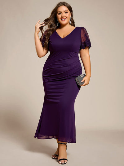 Plus Size Short Sleeve Fishtail V-Neck Beaded Formal Dress #color_Dark Purple