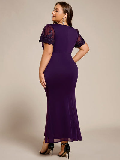 Plus Size Short Sleeve Fishtail V-Neck Beaded Formal Dress #color_Dark Purple