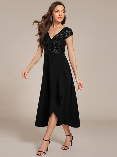 A-Line V-Neck Wedding Guest Dress #color_Black