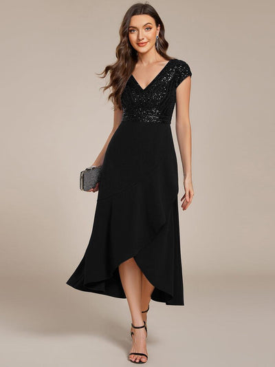 A-Line V-Neck Wedding Guest Dress #color_Black