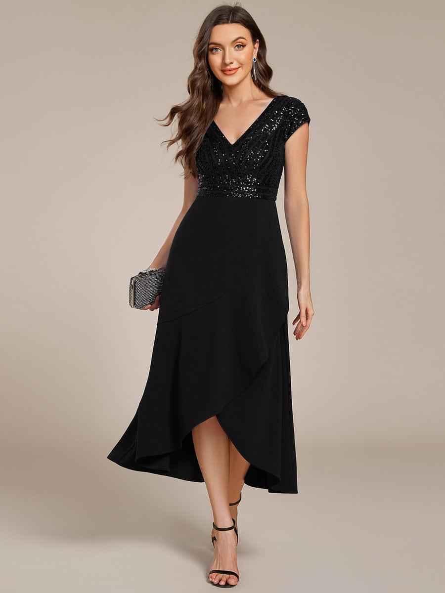 little black dresses for wedding guests Ever-Pretty Sequin Short Sleeve V-Neck Asymmetrical Hem Formal Dress Occasion Dress dark purple hoco dresses where the strap connects march_2023_mailer Color:Blue Gold