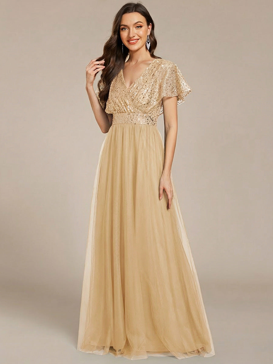 Sparkly Sequin A-Line V-Neck Tulle Formal Evening Dress #color_Gold