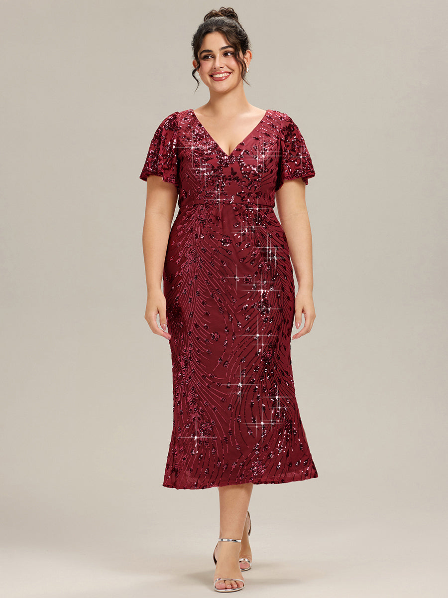 Floral Sequin  Ruffled Sleeve Mermaid Formal Dresses #color_Burgundy