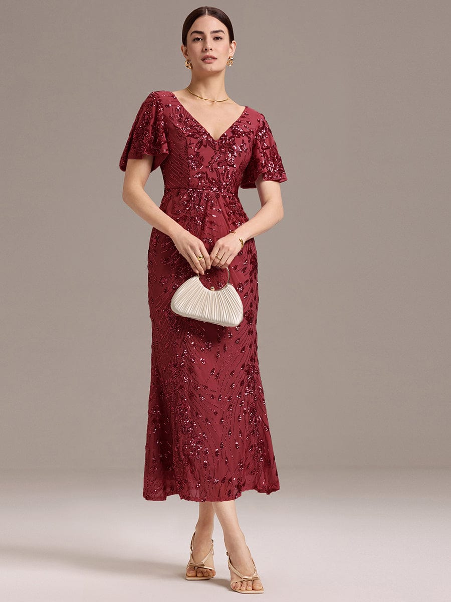 Embroidery Sequin Mother of the Bride Dress #color_Burgundy