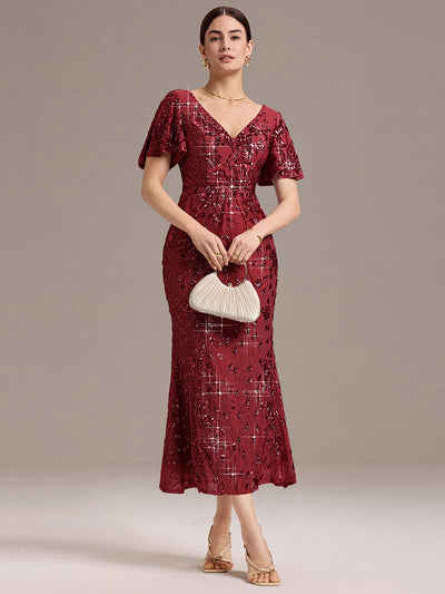 Embroidery Sequin Mother of the Bride Dress #color_Burgundy