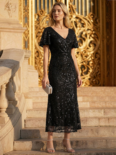 Floral Sequin  Ruffled Sleeve Mermaid Formal Dresses #color_Black
