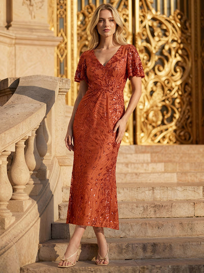 Floral Sequin  Ruffled Sleeve Mermaid Formal Dresses #color_Burnt Orange