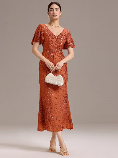Floral Sequin  Ruffled Sleeve Mermaid Formal Dresses #color_Burnt Orange
