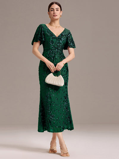 Floral Sequin  Ruffled Sleeve Mermaid Formal Dresses #color_Dark Green