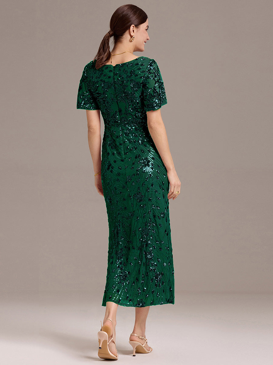Floral Sequin  Ruffled Sleeve Mermaid Formal Dresses #color_Dark Green