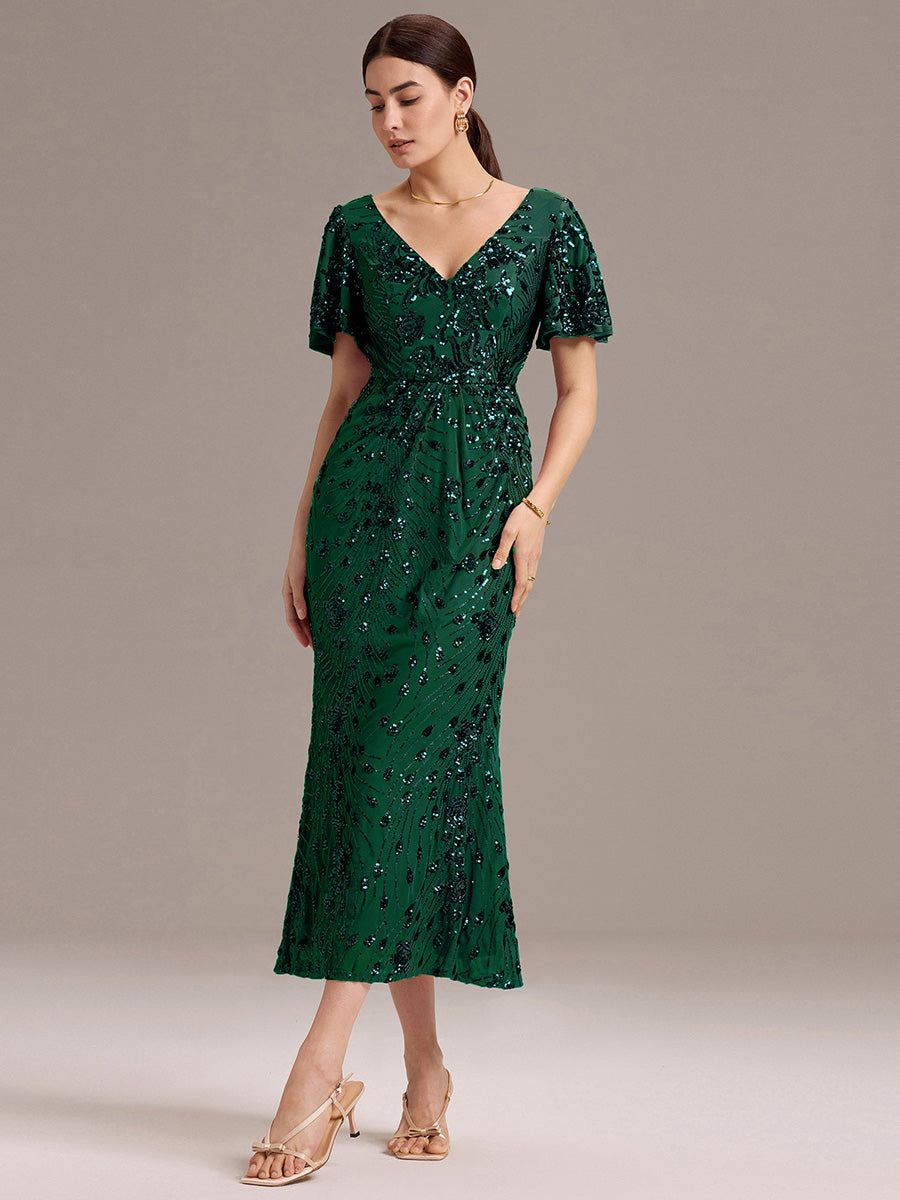 Floral Sequin  Ruffled Sleeve Mermaid Formal Dresses #color_Dark Green