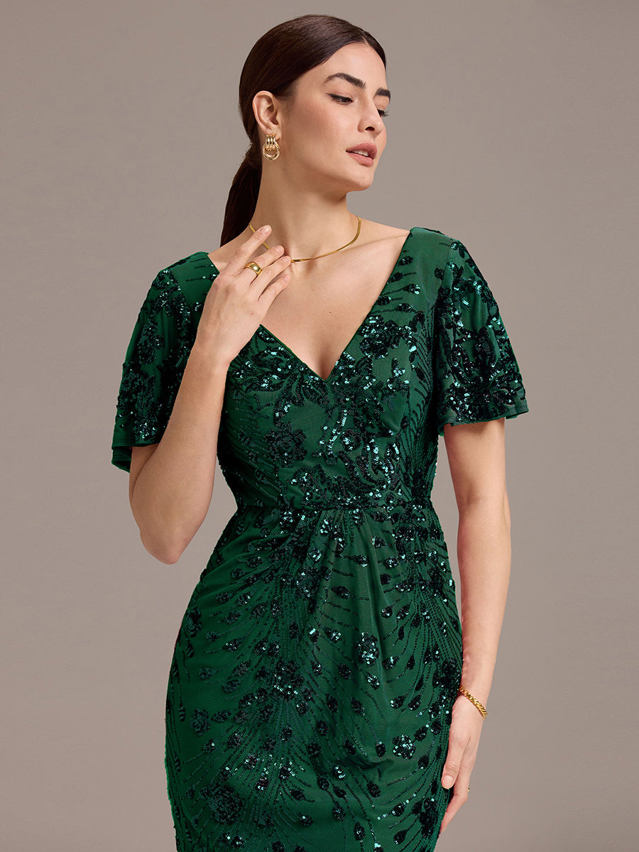 Floral Sequin  Ruffled Sleeve Mermaid Formal Dresses #color_Dark Green