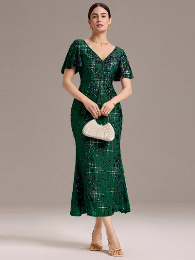 Floral Sequin  Ruffled Sleeve Mermaid Formal Dresses #color_Dark Green