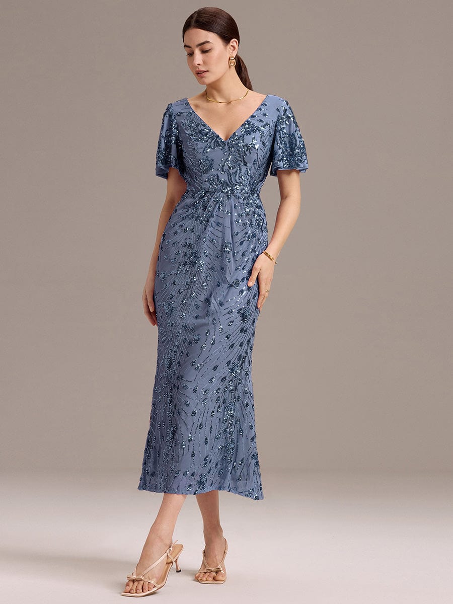Embroidery Sequin Mother of the Bride Dress #color_Dusty Blue