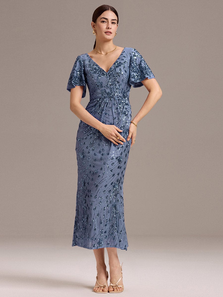 Embroidery Sequin Mother of the Bride Dress #color_Dusty Blue