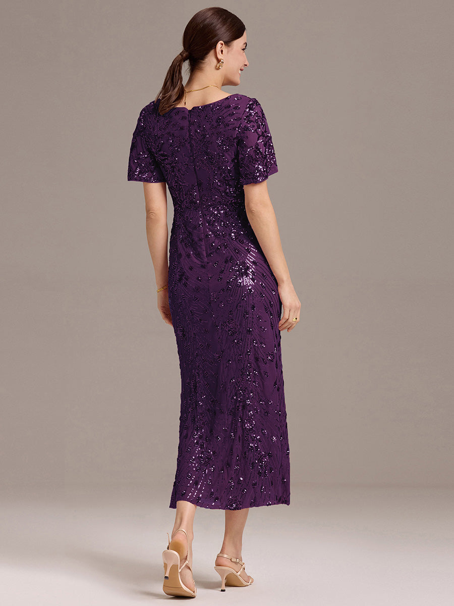 Floral Sequin  Ruffled Sleeve Mermaid Formal Dresses #color_Dark Purple