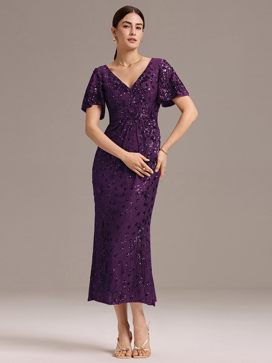 Floral Sequin  Ruffled Sleeve Mermaid Formal Dresses #color_Dark Purple