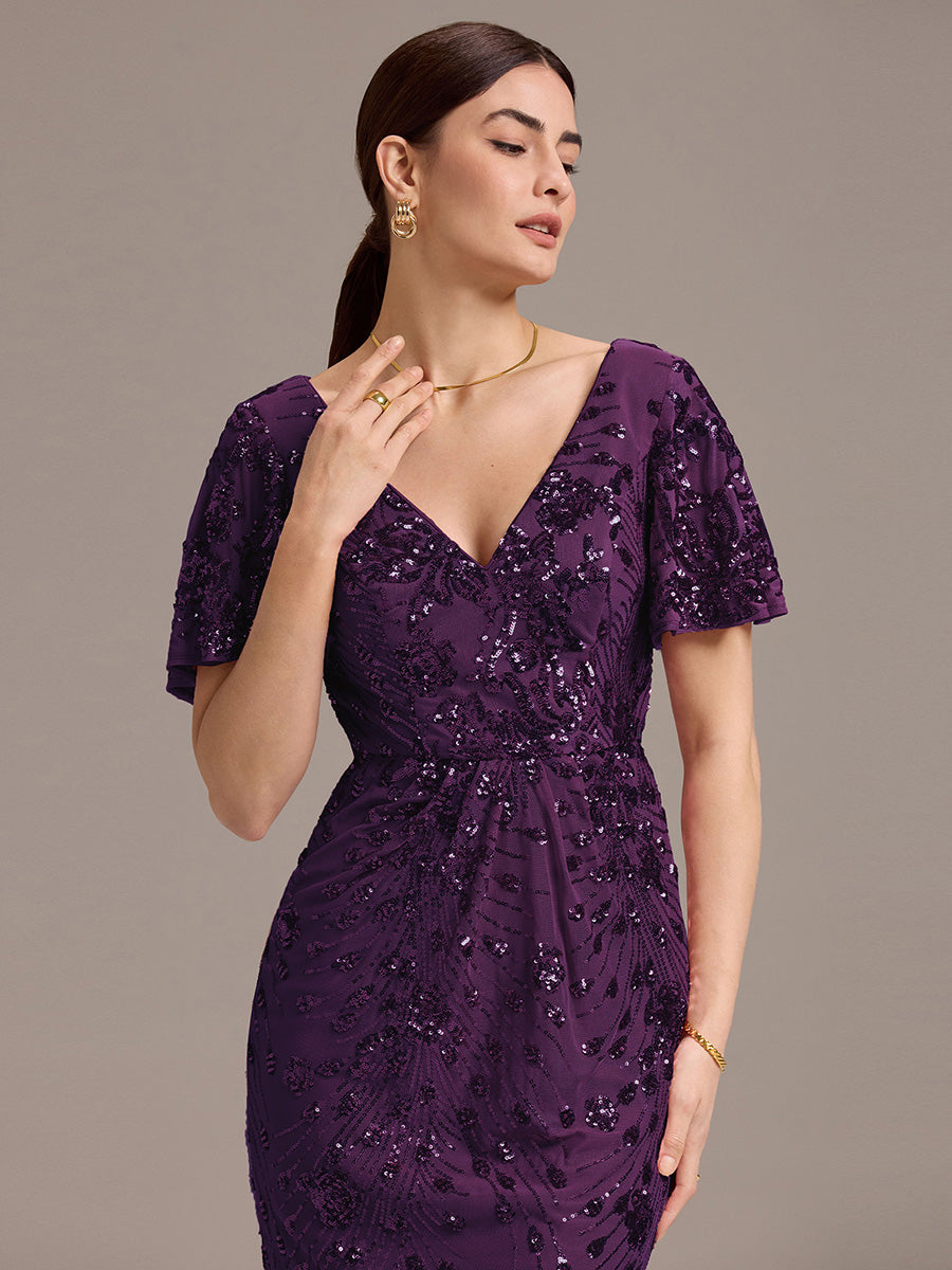 Floral Sequin  Ruffled Sleeve Mermaid Formal Dresses #color_Dark Purple
