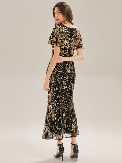 Floral Sequin  Ruffled Sleeve Mermaid Formal Dresses #color_Black & Gold