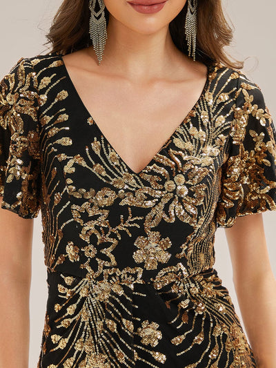 Floral Sequin  Ruffled Sleeve Mermaid Formal Dresses #color_Black & Gold