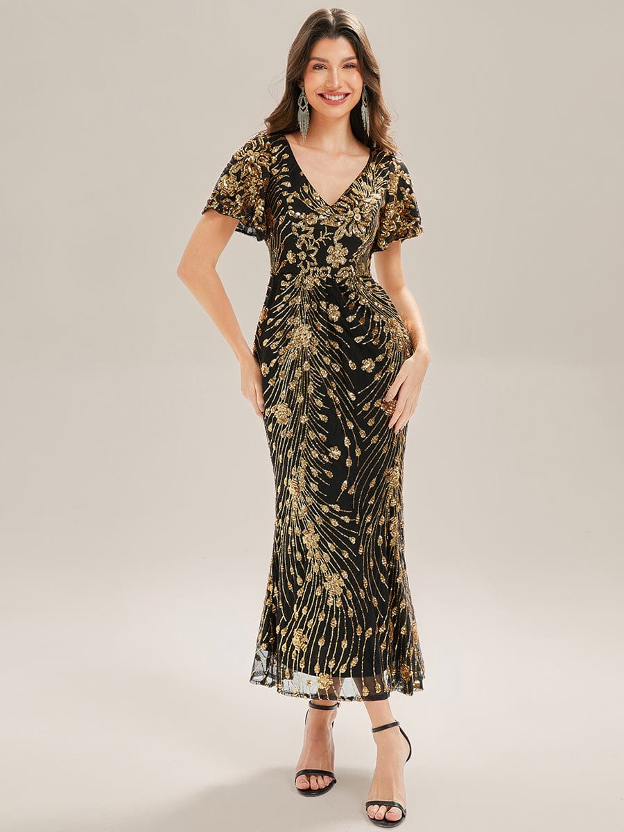 Embroidery Sequin  Formal Wedding Guest Dress #color_Black & Gold