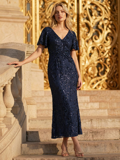 Floral Sequin  Ruffled Sleeve Mermaid Formal Dresses #color_Navy Blue