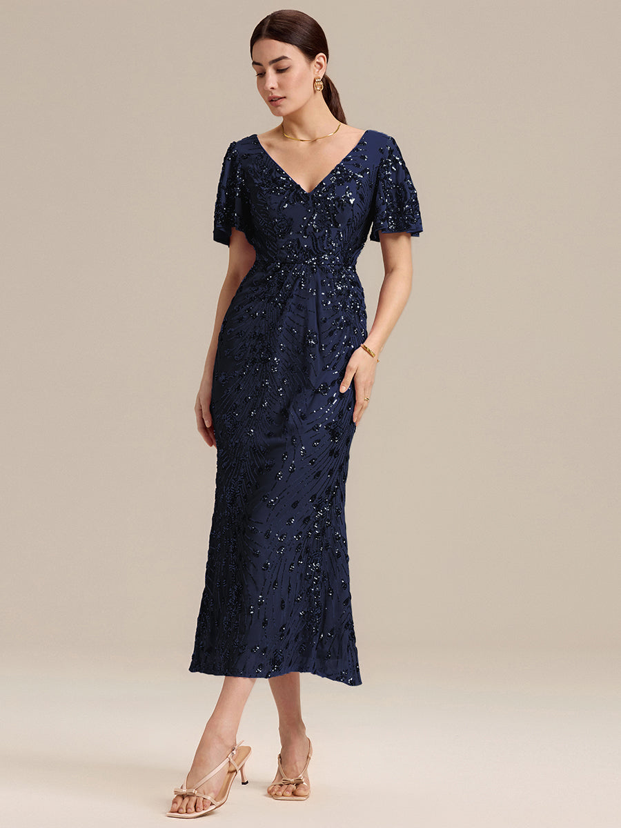 Floral Sequin  Ruffled Sleeve Mermaid Formal Dresses #color_Navy Blue