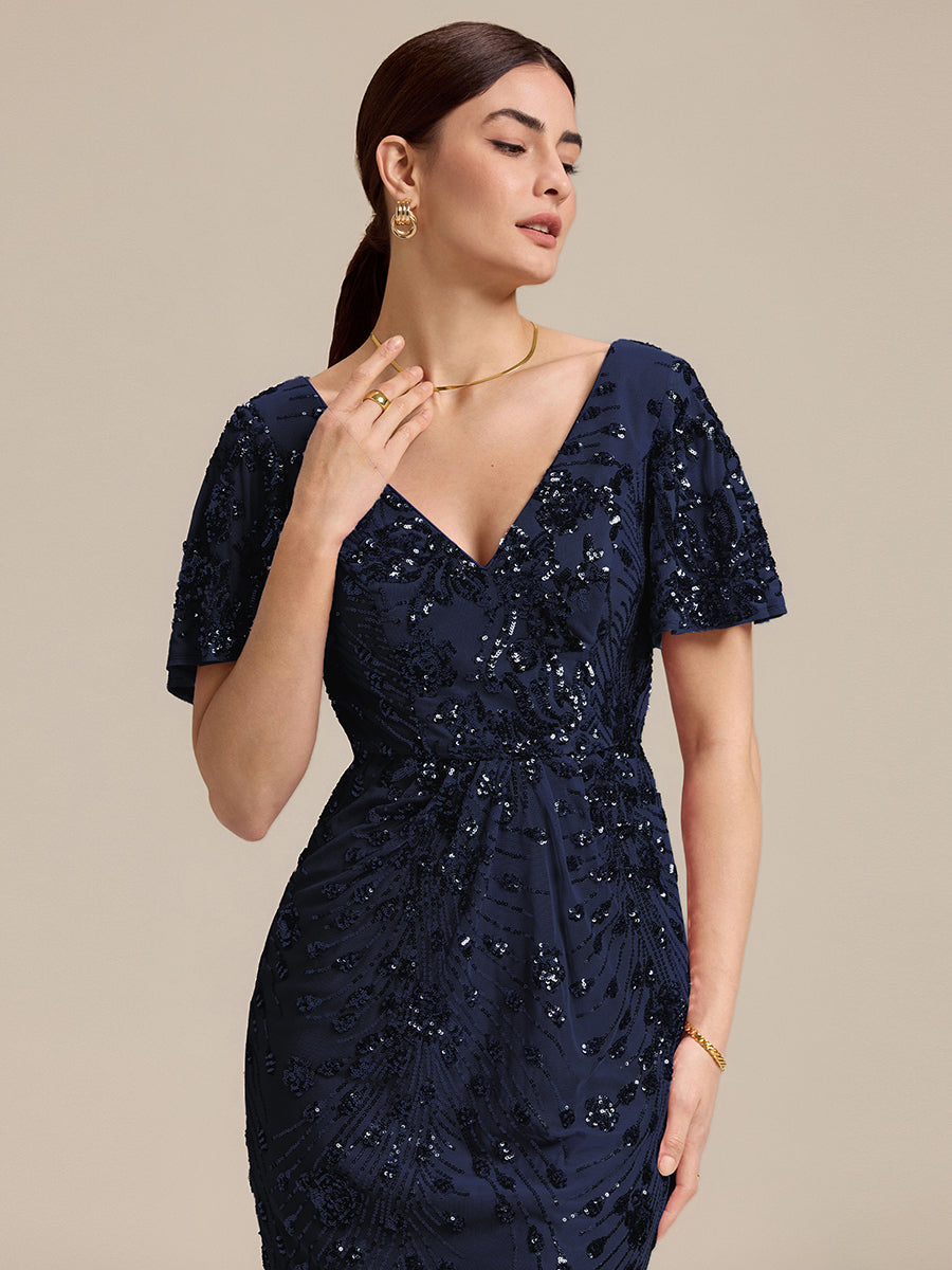 Floral Sequin  Ruffled Sleeve Mermaid Formal Dresses #color_Navy Blue