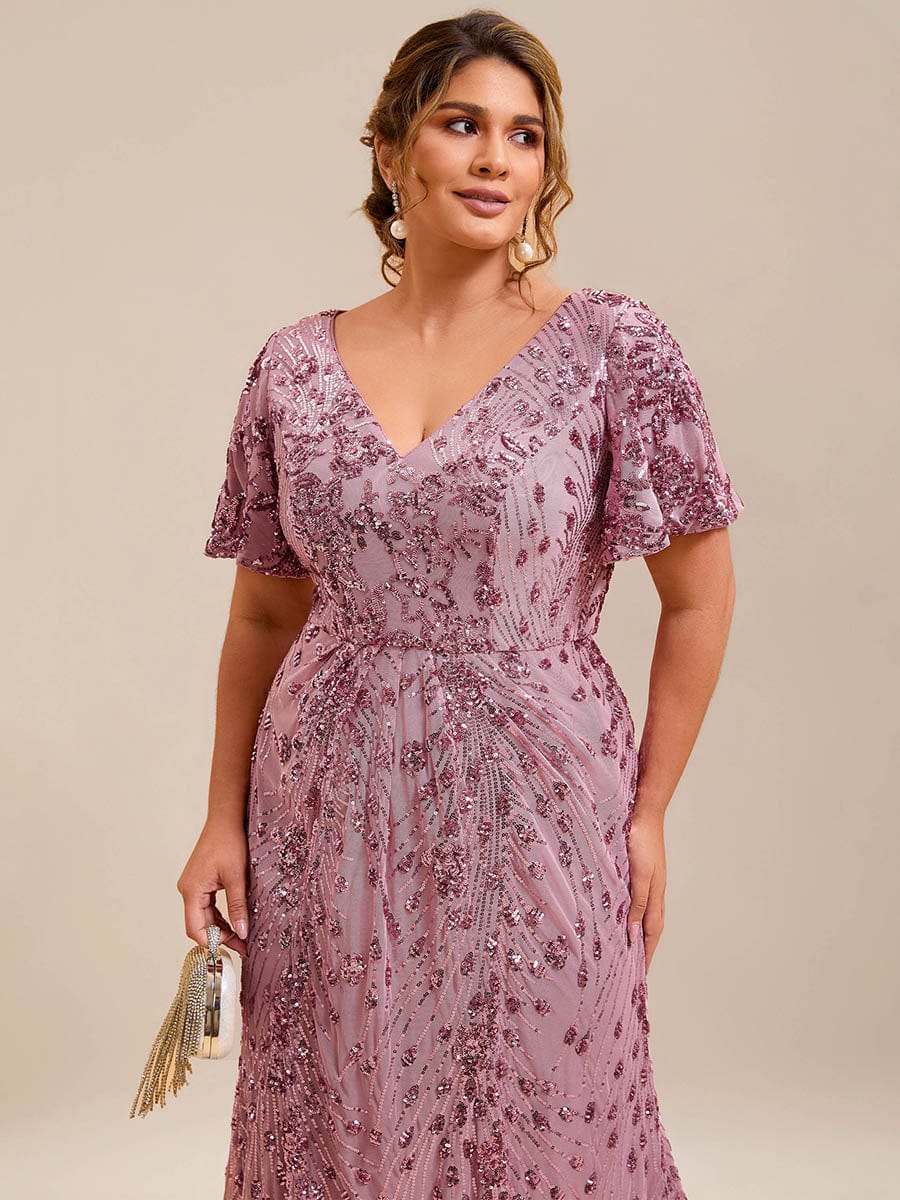 Floral Sequin  Ruffled Sleeve Mermaid Formal Dresses #color_Purple Orchid