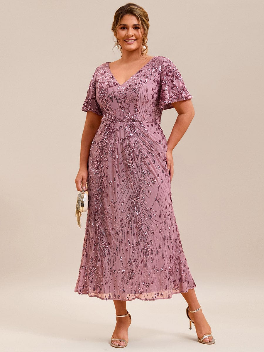 Plus Size Elegant Sequin V-Neck Flutter Sleeve Formal Dress for