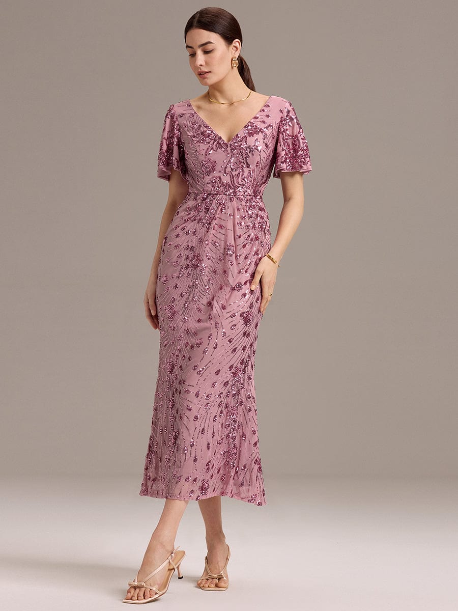 Floral Sequin  Ruffled Sleeve Mermaid Formal Dresses #color_Purple Orchid