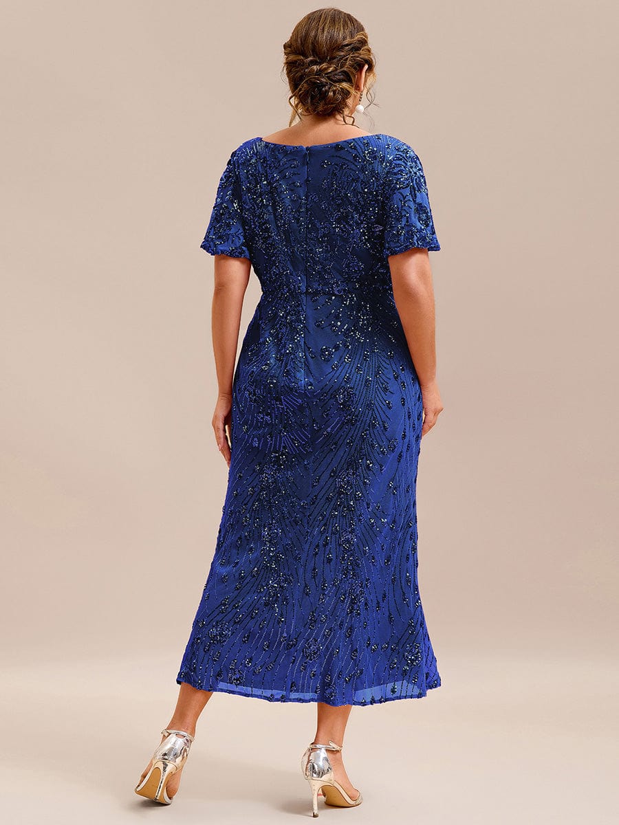 Floral Sequin  Ruffled Sleeve Mermaid Formal Dresses #color_Sapphire Blue