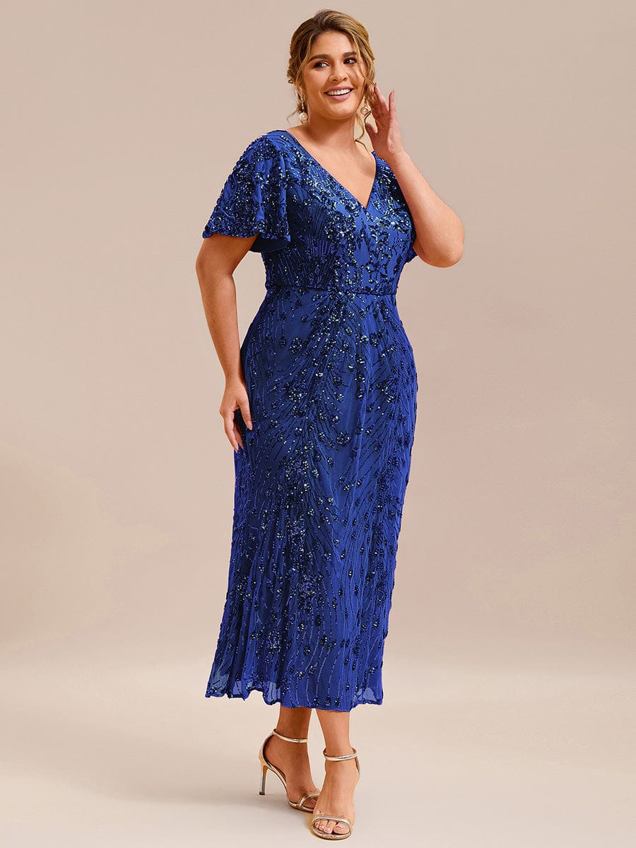 Floral Sequin  Ruffled Sleeve Mermaid Formal Dresses #color_Sapphire Blue