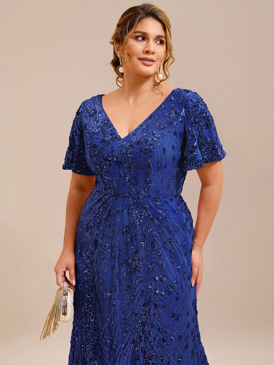 Floral Sequin  Ruffled Sleeve Mermaid Formal Dresses #color_Sapphire Blue