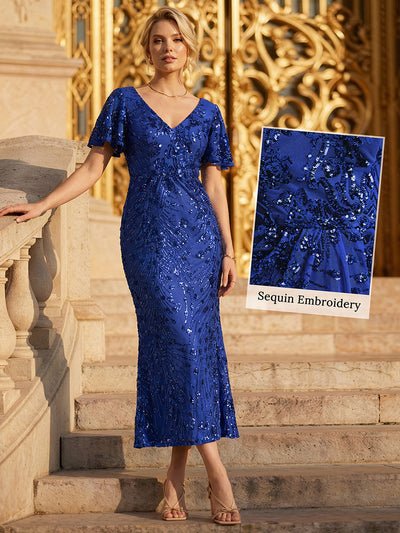Floral Sequin  Ruffled Sleeve Mermaid Formal Dresses #color_Sapphire Blue