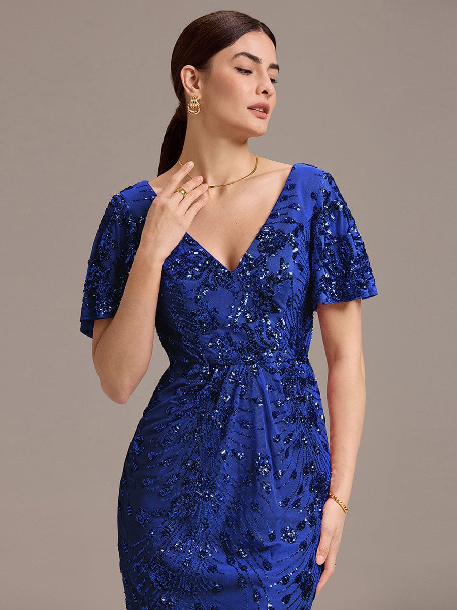 Floral Sequin  Ruffled Sleeve Mermaid Formal Dresses #color_Sapphire Blue