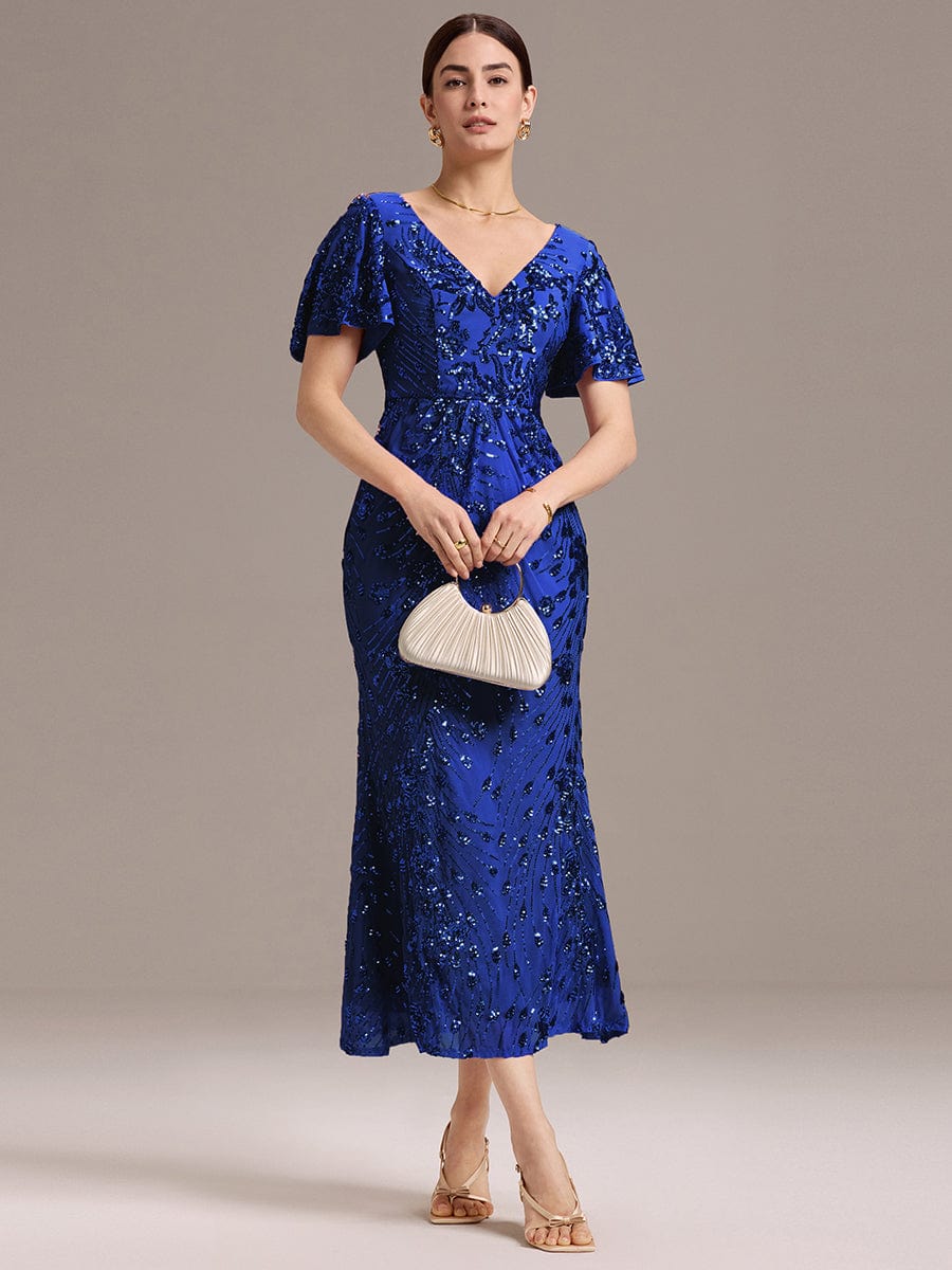 Embroidery Sequin Mother of the Bride Dress #color_Sapphire Blue