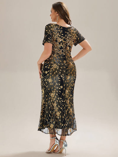 Plus Size Sequin Mermaid Mother of the Bride Dress #color_Black & Gold