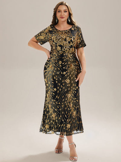Sequin Mermaid Round Neck Dress #color_Black & Gold