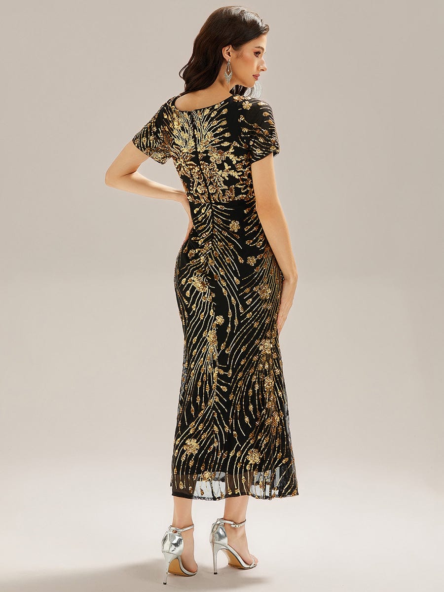 Sequin Mermaid Round Neck Dress #color_Black & Gold