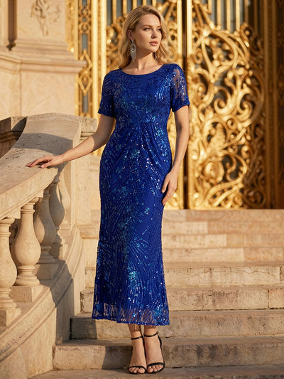 Sequin Mermaid Round Neck Dress #color_Sapphire Blue