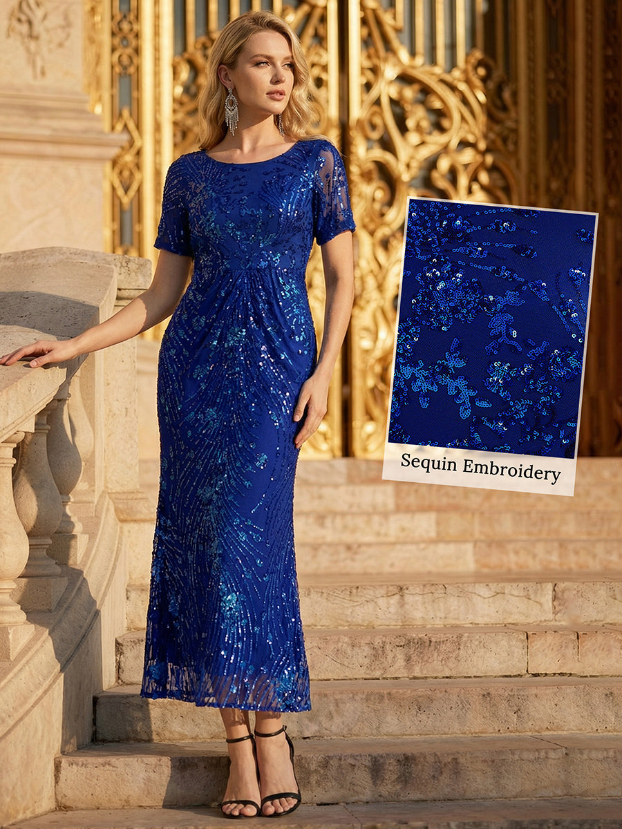 Sequin Mermaid Round Neck Dress #color_Sapphire Blue