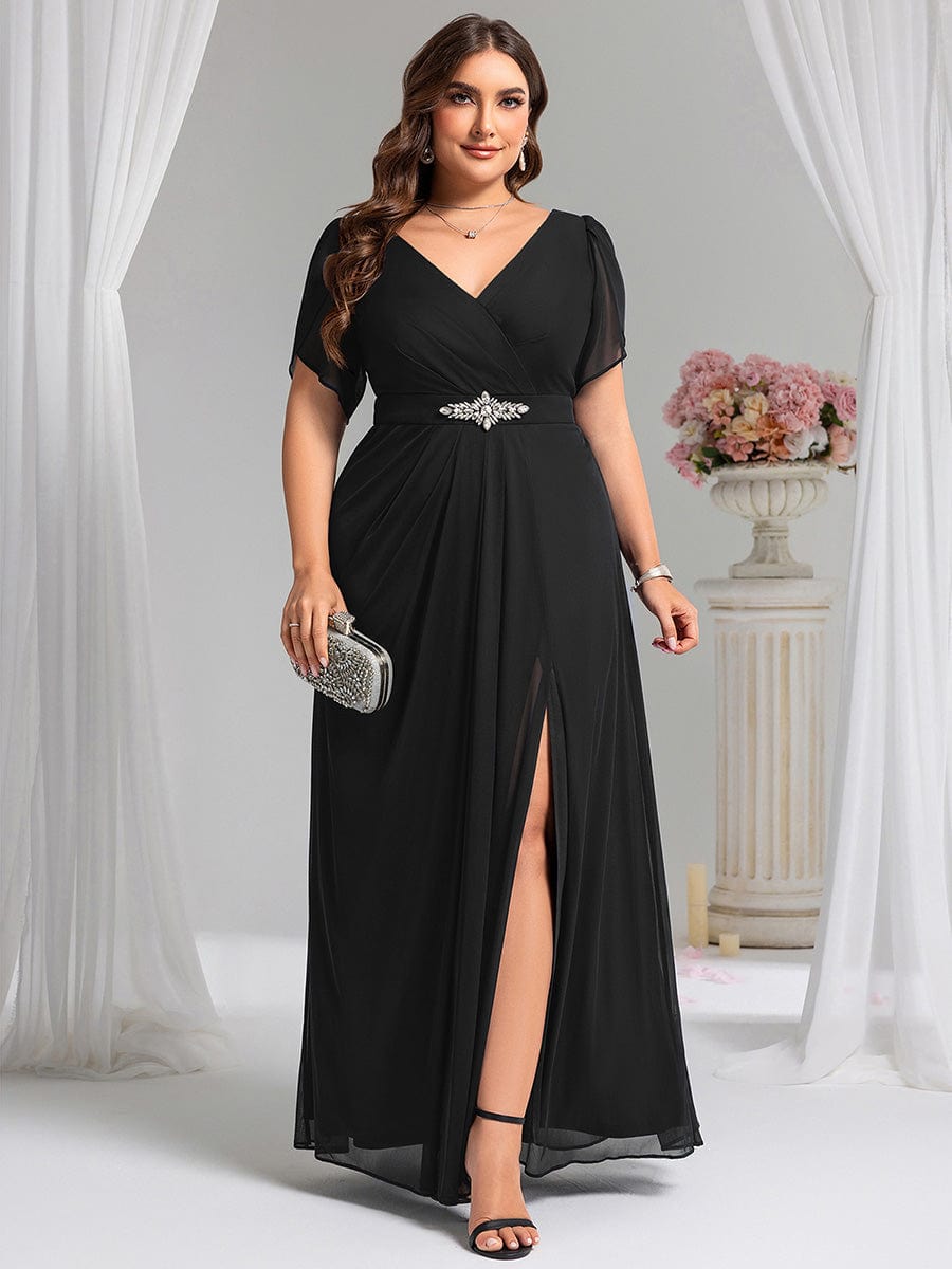 a line black formal dress Ever-Pretty Elegant with Slit and Embellished Waist Color:Sunset Pale Mauve Leona Mocco Satin Scarf-Neck shoulder design with dramatic