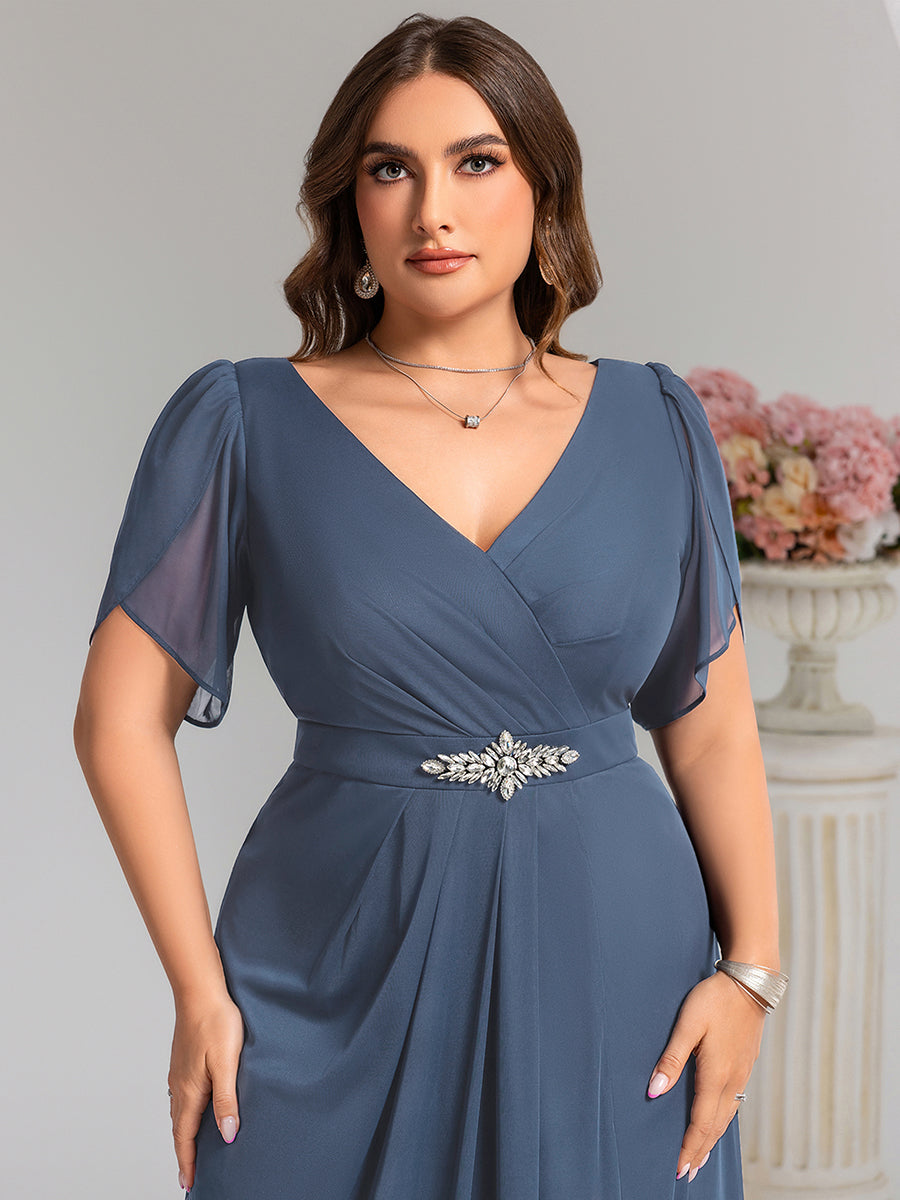 plus size low cut dress Ever-Pretty Elegant Formal with Slit and Embellished Waist Color:Petroleum Deep V Lace Chiffon ssid:10449 Maxi dress summer parties