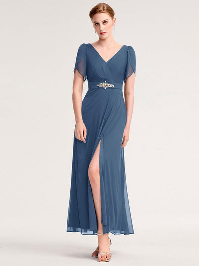 Chiffon A-Line Ruffle Sleeve Evening Dress #color_Dusty Blue