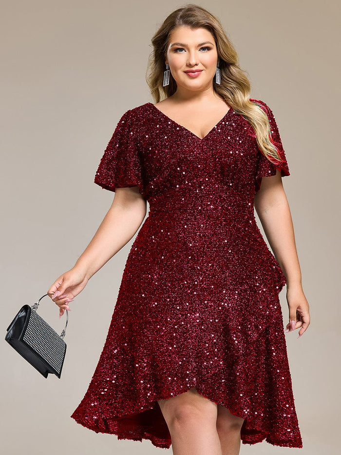 Glamorous Deep V-Neck Sequin Ruffle Sleeve Cocktail Dress for Formal ...