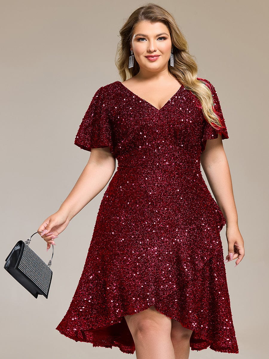 Deep V-neck Sequin Ruffle Sleeve Formal Dress #color_Burgundy