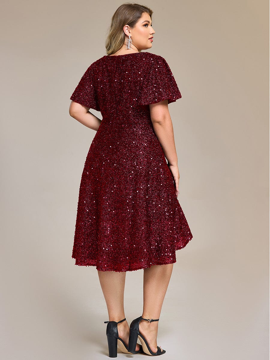 Deep V-neck Sequin Ruffle Sleeve Formal Dress #color_Burgundy