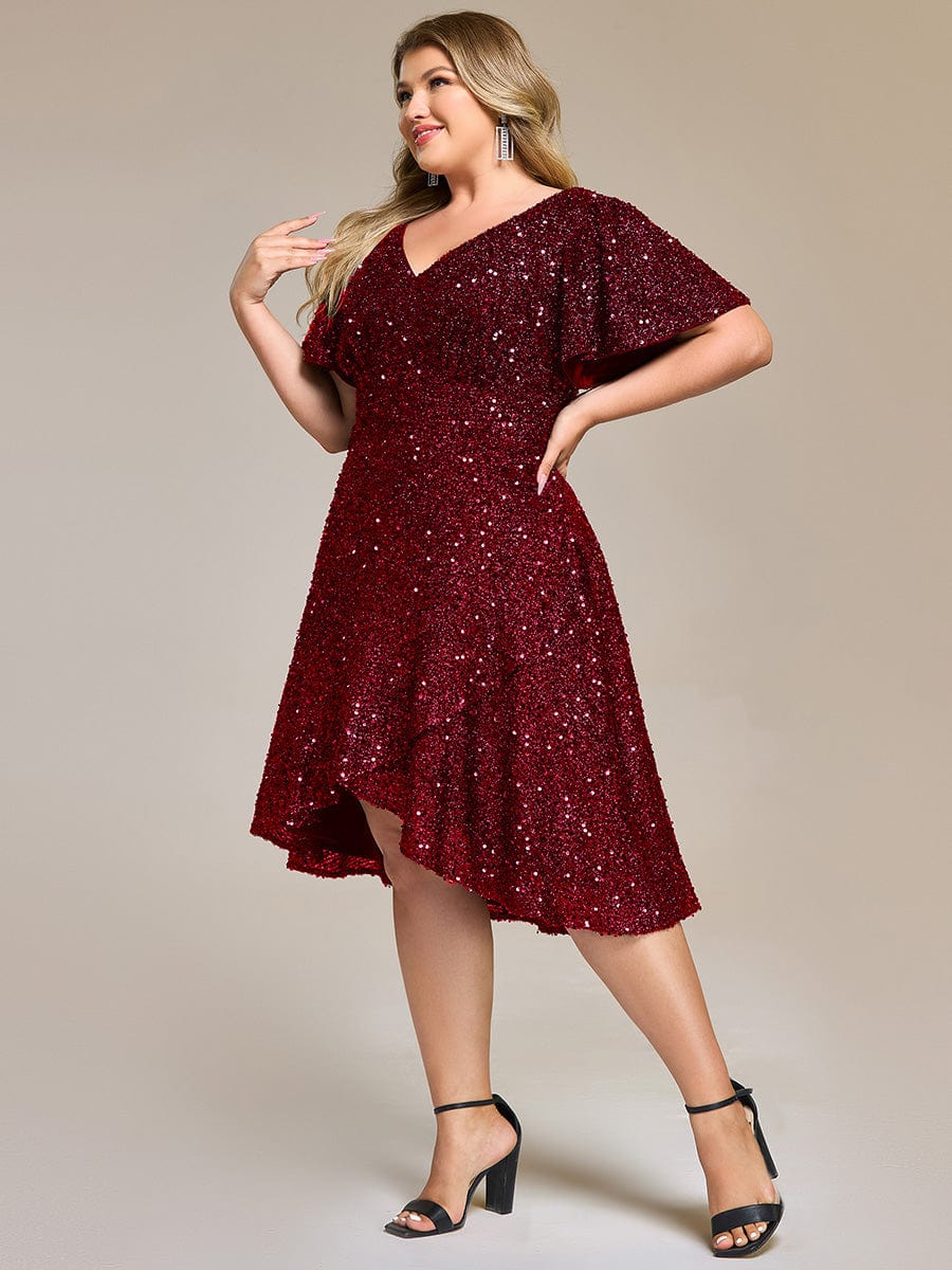 Deep V-neck Sequin Ruffle Sleeve Formal Dress #color_Burgundy